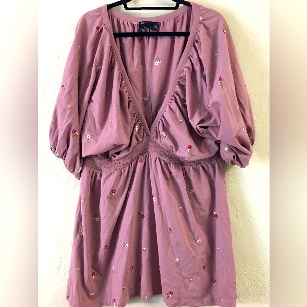 ASOS Embroidered Floral Mini Dress 12 Pink Oversized Relaxed Fit Casual Festival - Picture 2 of 8